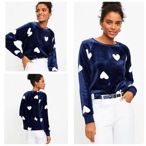 LOFT Navy Blue and White Hearts Faux Fur Velour Super Soft Crewneck Sweatshirt
